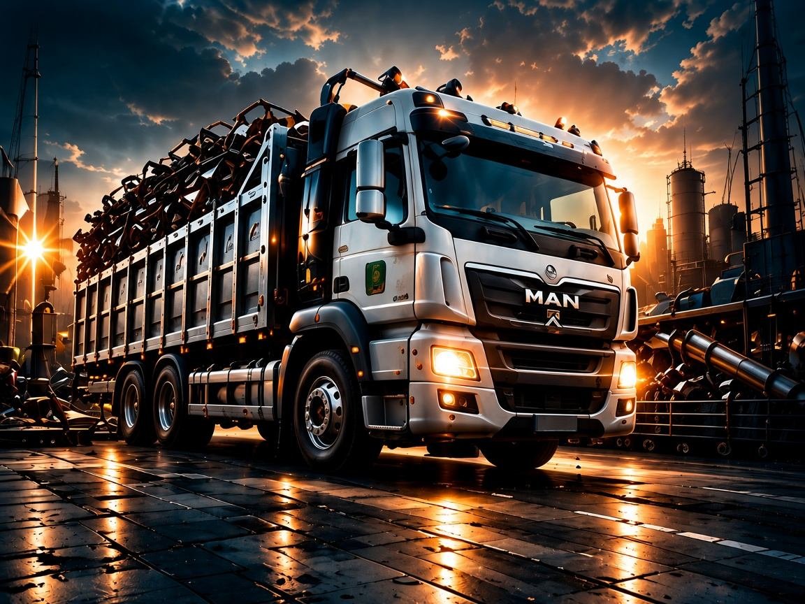 LKW beladen mit Schrott bei Sonnenuntergang